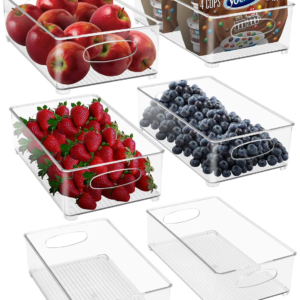 clear plastic fridge organization bin 6 pack set, stackable with handles