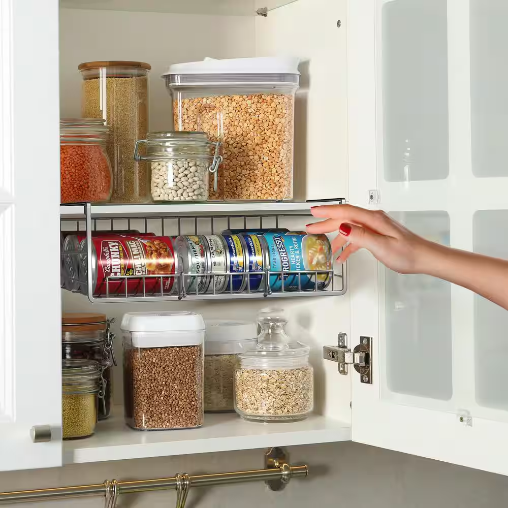 under cabinet can storage shelf, multipurpose pantry organizer with divider for canned goods, 2 pack, silver, metal under cabinet can storage shelf, multipurpose pantry organizer with divider for canned goods, 2 pack, silver, metal