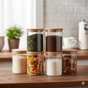 airtight 6 piece glass food storage jar set clear kitchen canisters with bamboo lid and labels 27 oz.