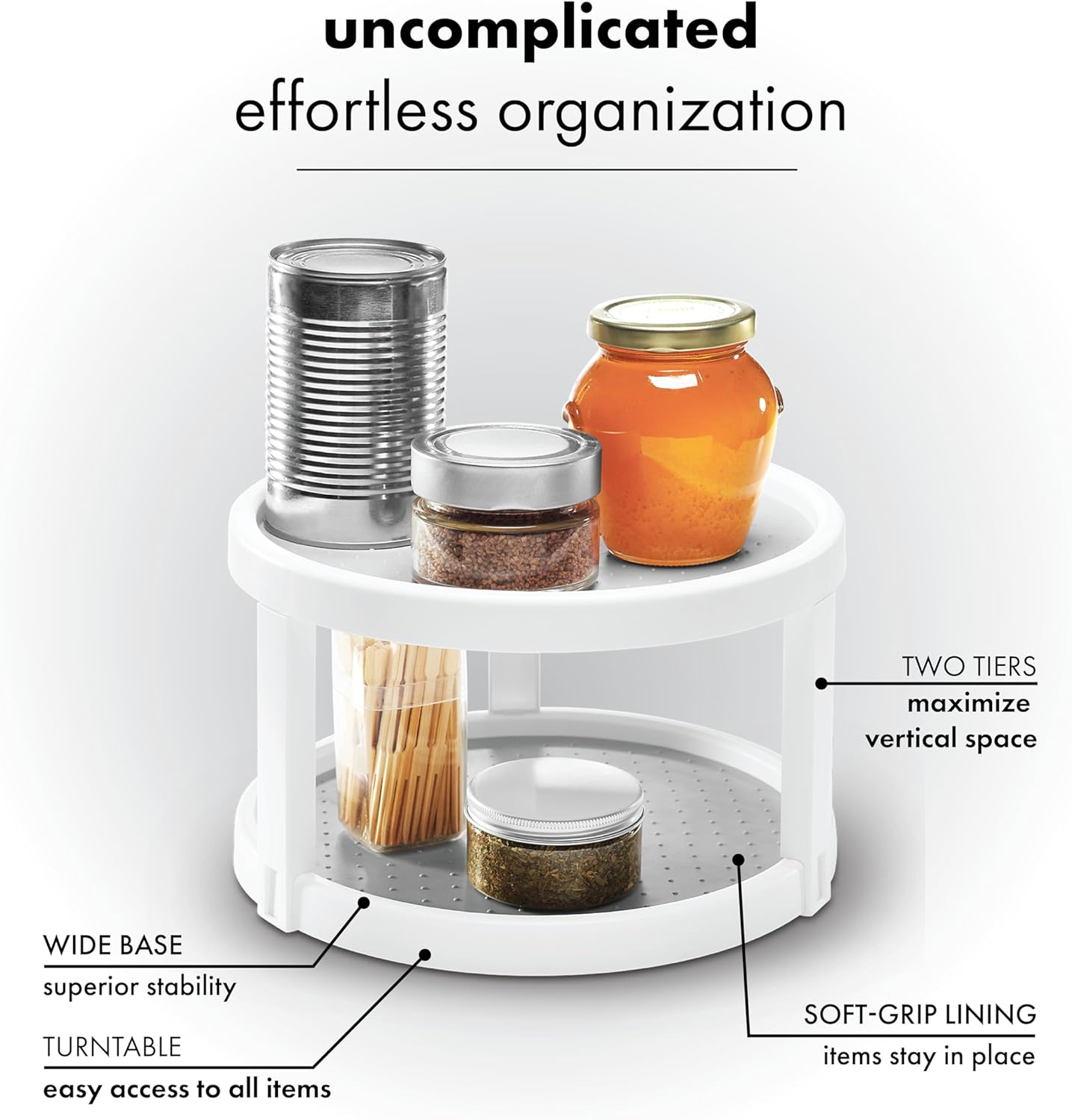 10" two level turntable, tiered spinning organizer for spices, lazy susan organizer, condiments & pantry items, non slip lining, easy to clean, white 10" two level turntable, tiered spinning organizer for spices, lazy susan organizer, condiments & pantry items, non slip lining, easy to clean, white