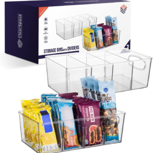 plastic pantry organization and storage bins with removable dividers – perfect kitchen organization or kitchen storage – refrigerator organizer bins, cabinet organizers (2 pack)