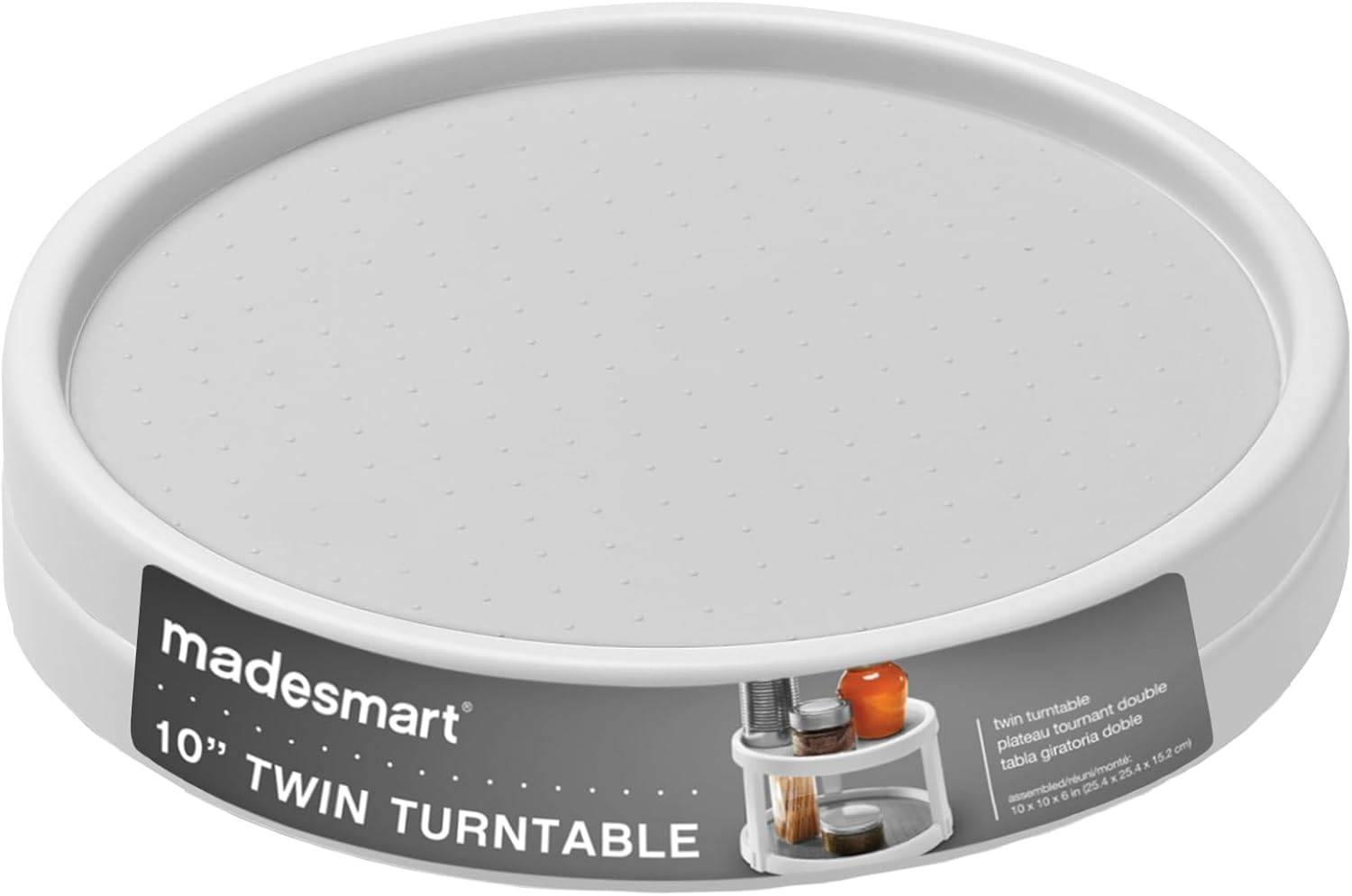 10" two level turntable, tiered spinning organizer for spices, lazy susan organizer, condiments & pantry items, non slip lining, easy to clean, white 10" two level turntable, tiered spinning organizer for spices, lazy susan organizer, condiments & pantry items, non slip lining, easy to clean, white