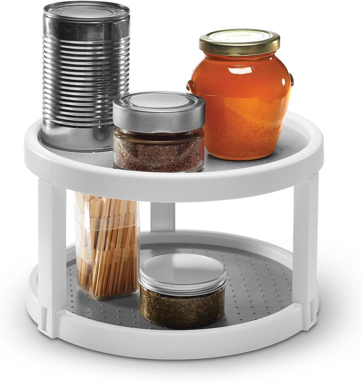 10" two level turntable, tiered spinning organizer for spices, lazy susan organizer, condiments & pantry items, non slip lining, easy to clean, white 10" two level turntable, tiered spinning organizer for spices, lazy susan organizer, condiments & pantry items, non slip lining, easy to clean, white