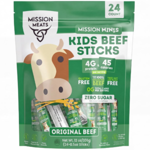 mission meats kids beef sticks, 100% grass fed, healthy snacks for kids, zero sugar, 4g protein, 45 calories gluten & nut free, individually wrapped, mini sticks, 0.5oz (24ct bag)