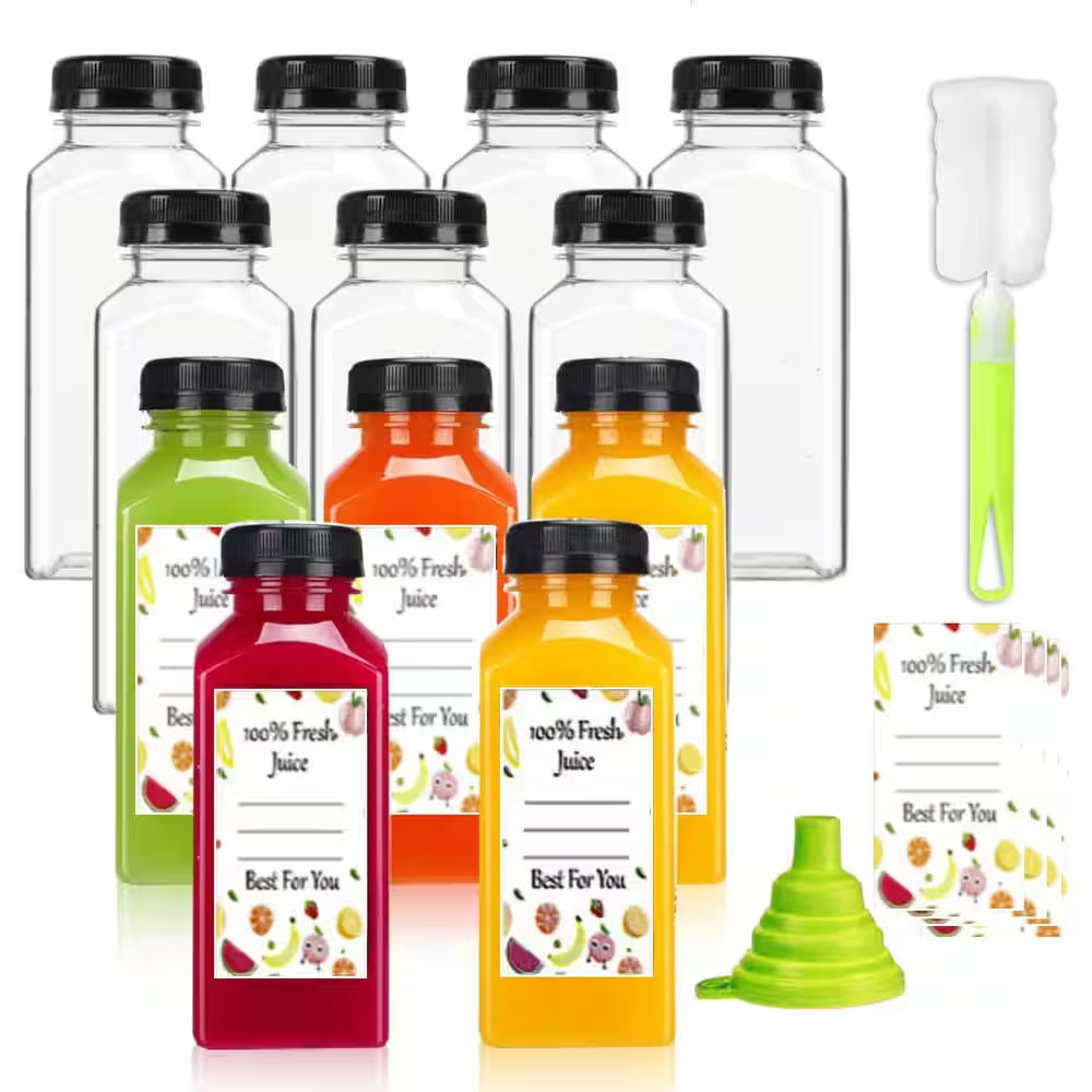 Home 12 oz. reusable plastic juice bottles with tamper proof lids 12 pieces set for juicing, milk, smoothie, food storage