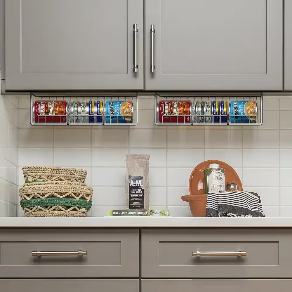 under cabinet can storage shelf, multipurpose pantry organizer with divider for canned goods, 2 pack, silver, metal under cabinet can storage shelf, multipurpose pantry organizer with divider for canned goods, 2 pack, silver, metal