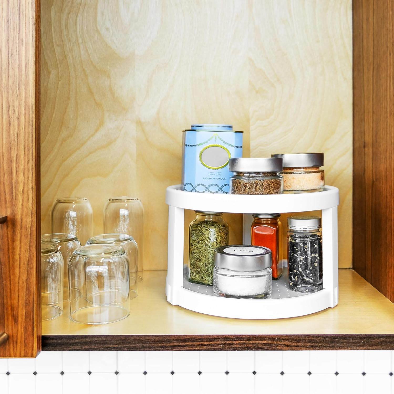 10" two level turntable, tiered spinning organizer for spices, lazy susan organizer, condiments & pantry items, non slip lining, easy to clean, white 10" two level turntable, tiered spinning organizer for spices, lazy susan organizer, condiments & pantry items, non slip lining, easy to clean, white