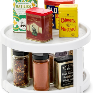 10" two level turntable, tiered spinning organizer for spices, lazy susan organizer, condiments & pantry items, non slip lining, easy to clean, white
