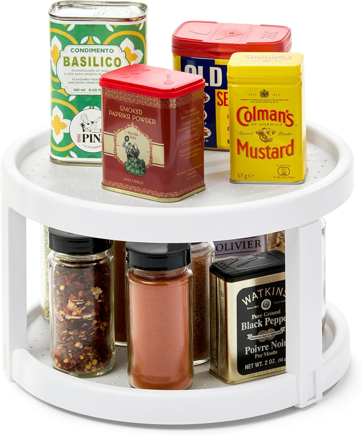 10" two level turntable, tiered spinning organizer for spices, lazy susan organizer, condiments & pantry items, non slip lining, easy to clean, white 10" two level turntable, tiered spinning organizer for spices, lazy susan organizer, condiments & pantry items, non slip lining, easy to clean, white