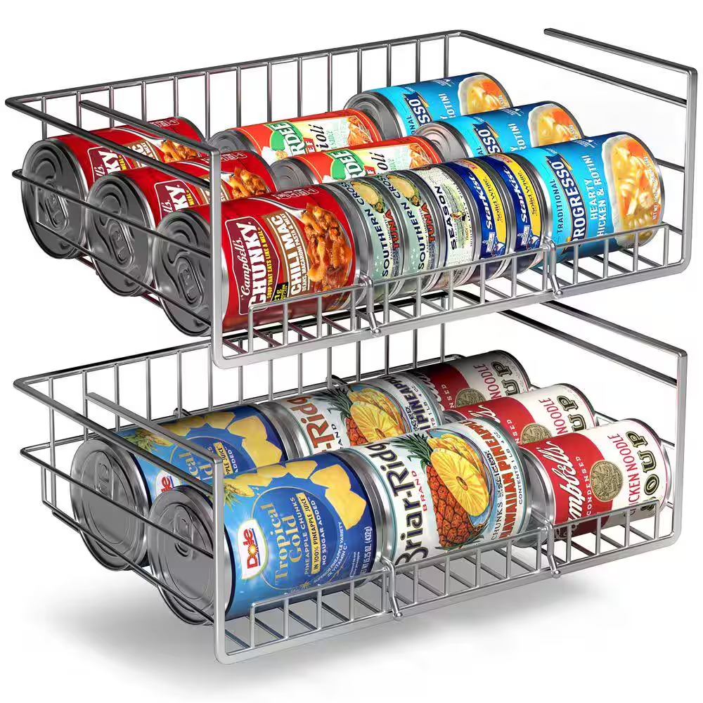 under cabinet can storage shelf, multipurpose pantry organizer with divider for canned goods, 2 pack, silver, metal under cabinet can storage shelf, multipurpose pantry organizer with divider for canned goods, 2 pack, silver, metal