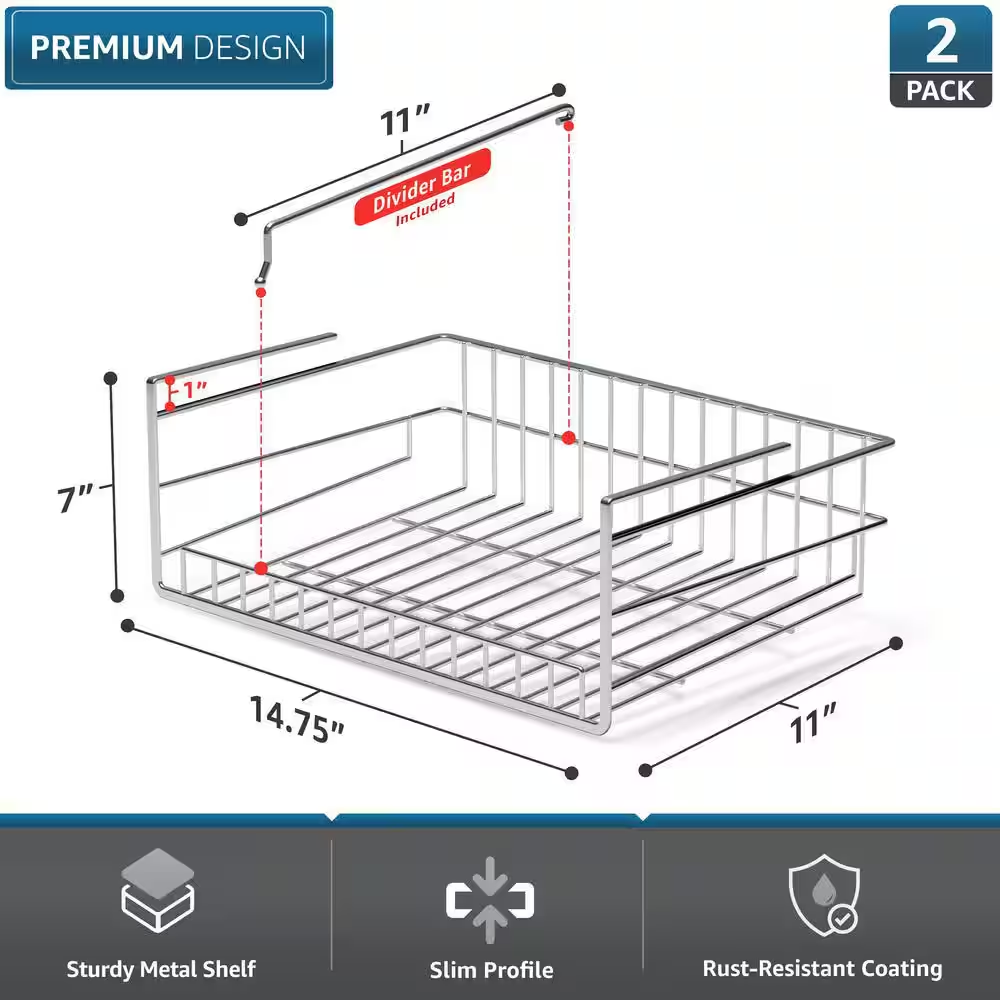 under cabinet can storage shelf, multipurpose pantry organizer with divider for canned goods, 2 pack, silver, metal under cabinet can storage shelf, multipurpose pantry organizer with divider for canned goods, 2 pack, silver, metal
